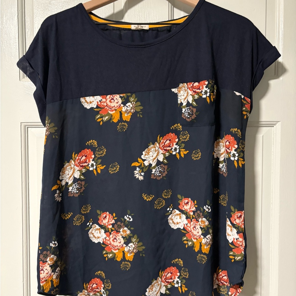 Floral Navy Blouse with Vibrant Accents